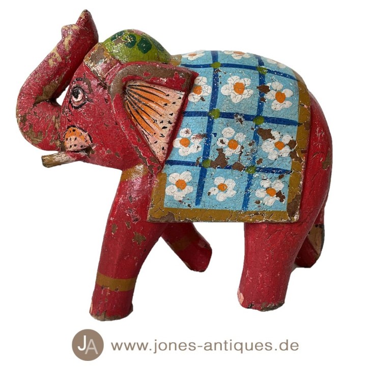 Petit éléphant en bois finition antique -  couleurs rouge - fabriqué à la main