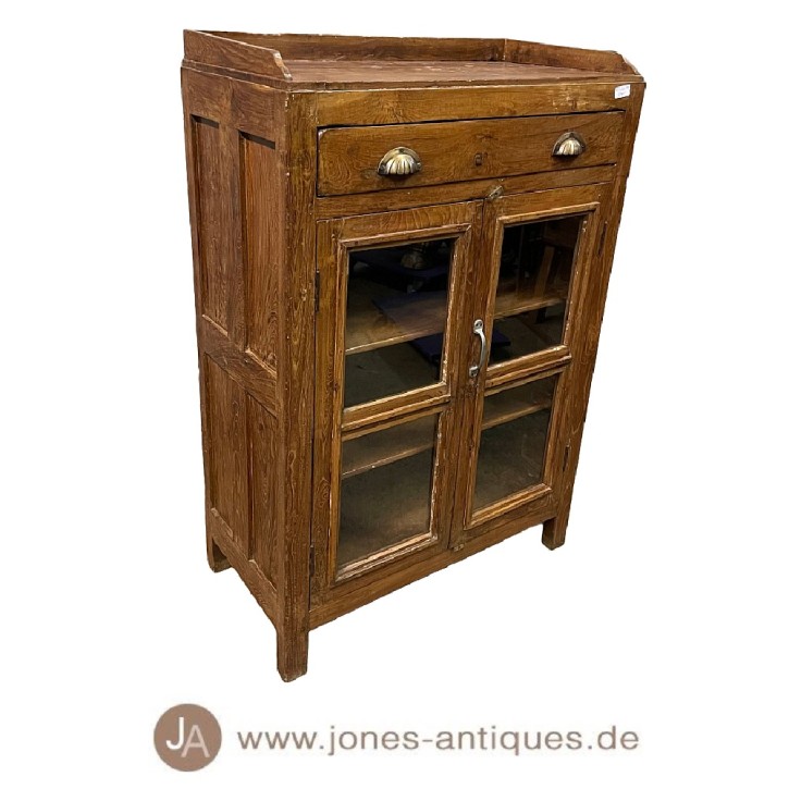 Antique teakwood display cabinet with 2 hinged doors - handcrafted