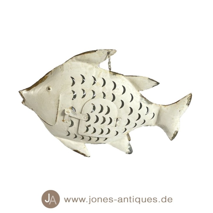 Iron fish lantern L in the color white-antique - handmade