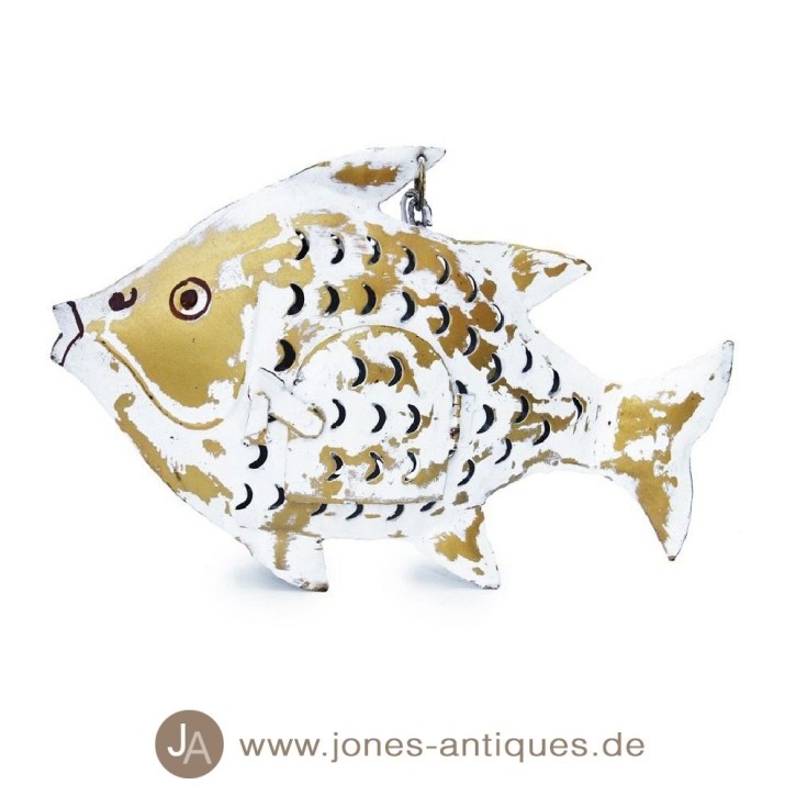 Iron fish lantern XL, white-gold - handmade