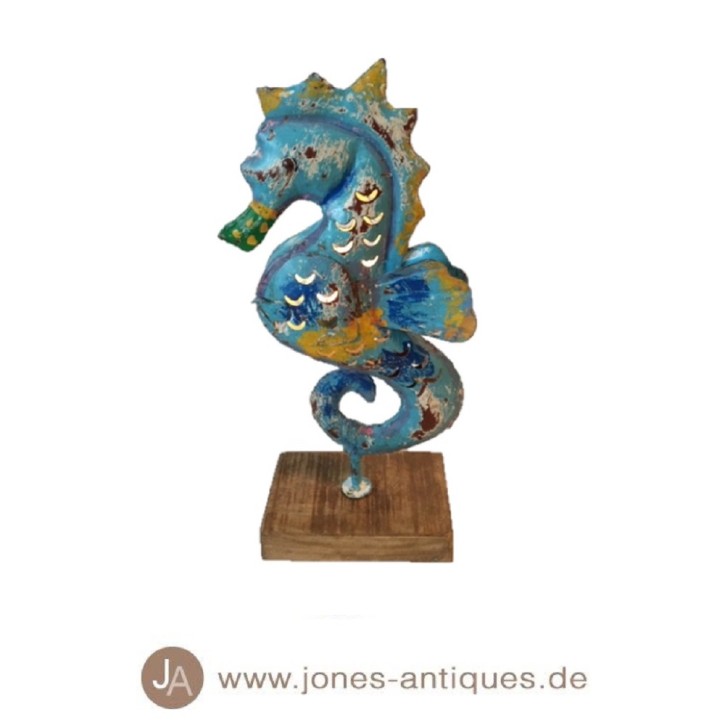 Seahorse in size L on wooden base available as wind light in the color mc-blue - handmade