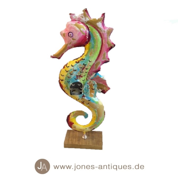 Seahorse in size L on wooden base available as wind light in the color multicolor gold - handmade