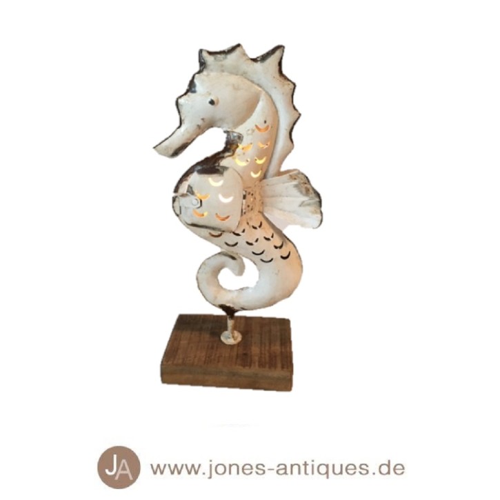 Seahorse in size L on wooden base available as wind light in the color white-antique - handmade