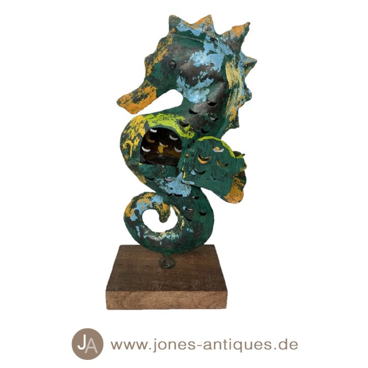 Seahorse in size L on wooden base available as wind light in the color midnight-green - handmade