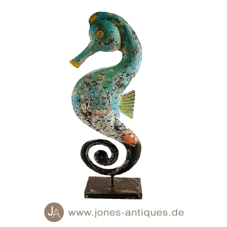 large seahorse on an iron base as a lantern in the color coral reef - handmade