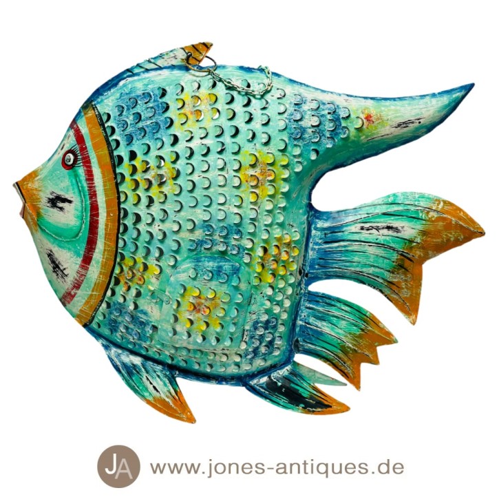 Lantern large fish XXL - color iron with rust optics antique - handmade multicolour blue