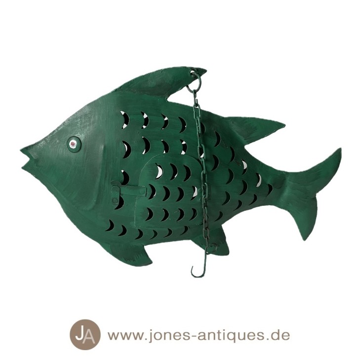 Lanterne poisson en fer de couleur verte en 2 tailles - fabriquée à la main
