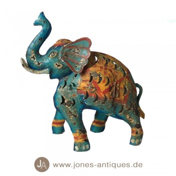 Elefanten-Windlicht aus Eisen, antik-blaues Finish