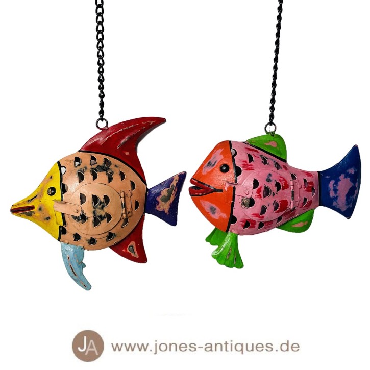 Set - 2 fish lanterns made of iron in small sizes in bright colors - handcrafted