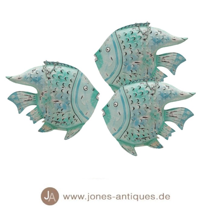 Set of 3 mini fishwind lights made of iron in the color light turquoise