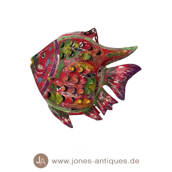 fish lantern made of iron in size S in the color multicolor-red - handmade