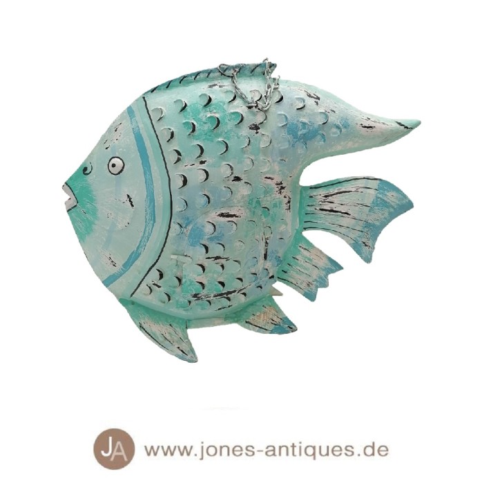 Iron fish lantern in size M in the color light turquoise - handmade