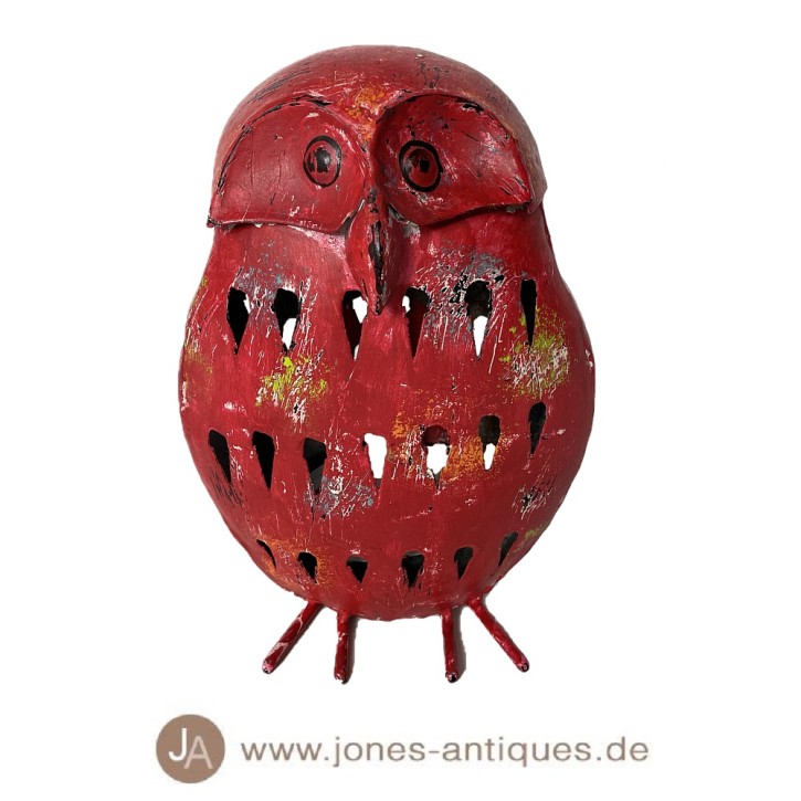 Beautiful lantern in the form of a big owl made of recycled iron in the color red - unique