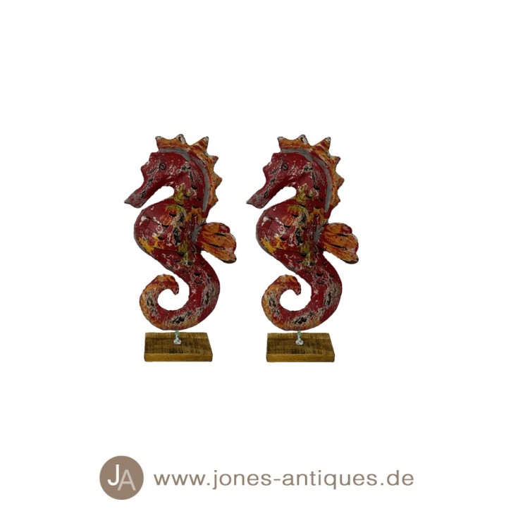 Set of 2 Seahorses as lantern on wooden base in size XS in the color mc-red - handmade