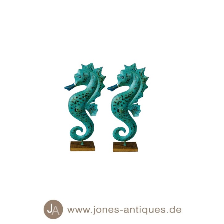 Set of 2 Seahorses as lantern on wooden base in size XS in the color antique turquoise - handmade