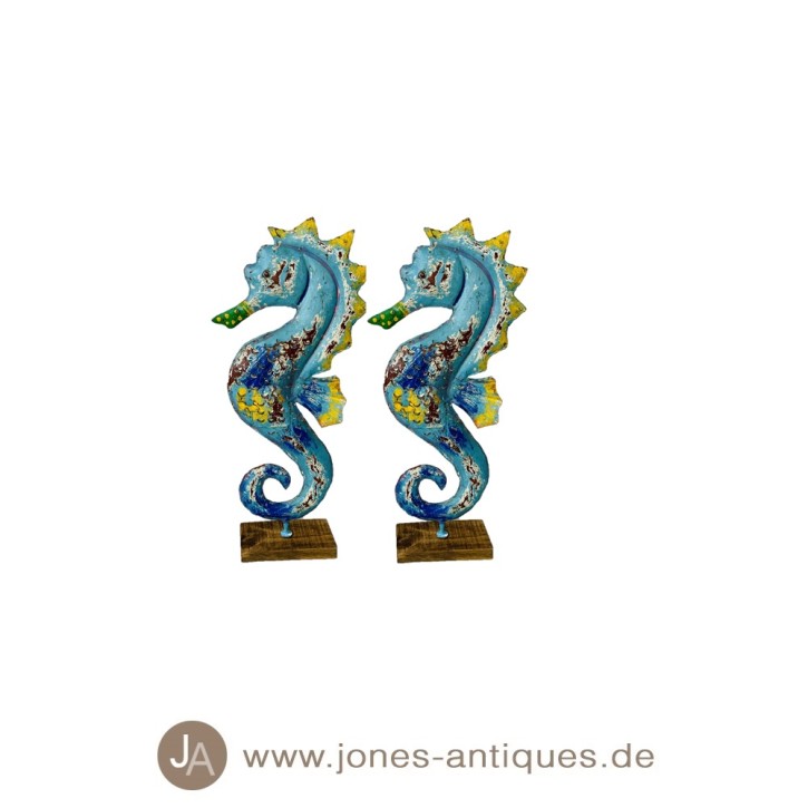 Set of 2 Seahorses as lantern on wooden base in size XS in the color mc-blue - handmade