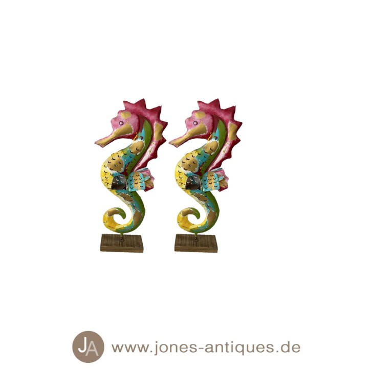 Set of 2 Seahorses as lantern on wooden base in size XS in the color mc-gold - handmade