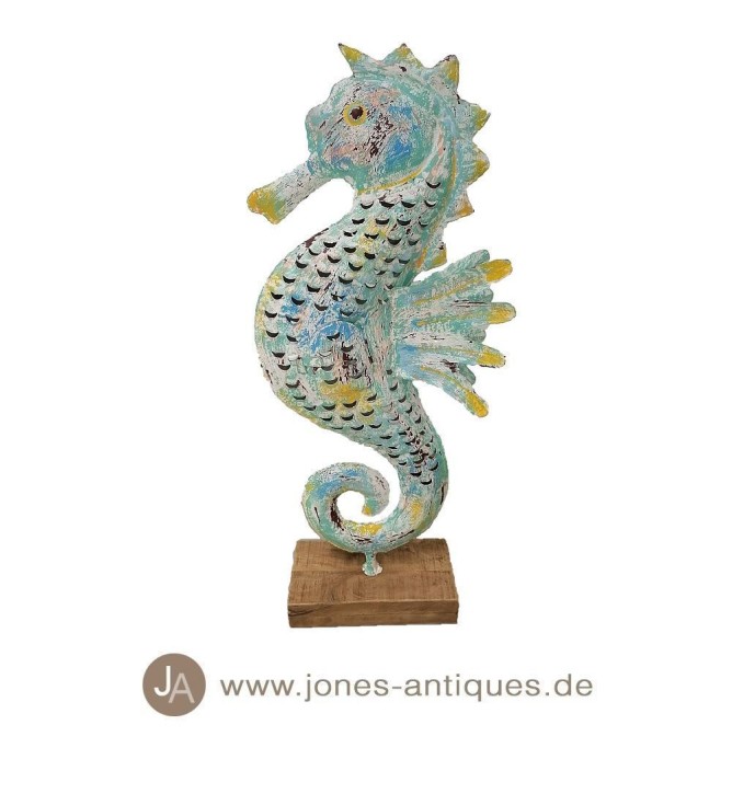 Large standing xxl seahorse lantern on a wooden base in the color coral-reef - handcrafted