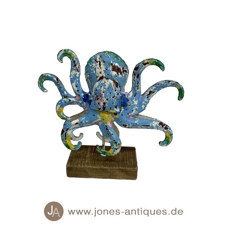 Octopus auf Holzsockel in der Größe S als Windlicht in der Farbe mc-blau - handgearbeitet