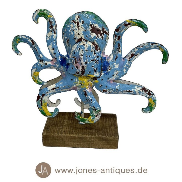 Octopus auf Holzsockel in der Größe M als Windlicht in der Farbe mc-blau - handgearbeitet