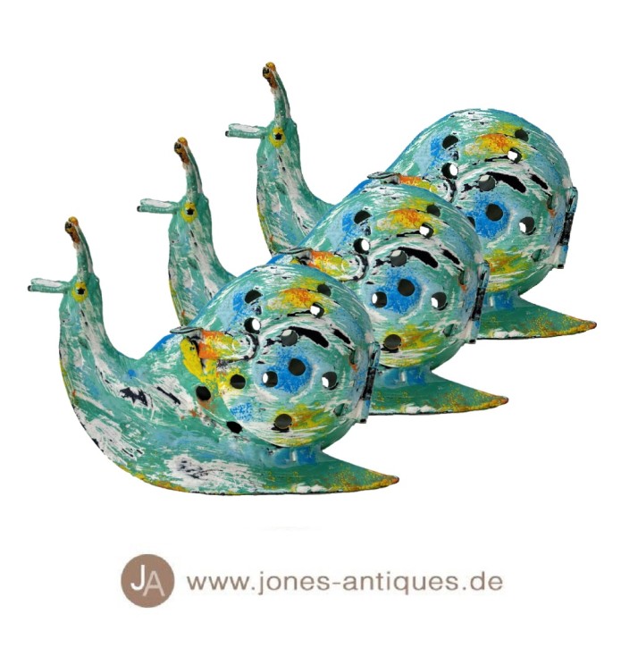 Set of 3 - Windlight in the shape of a small snail made of iron - in color coral reef