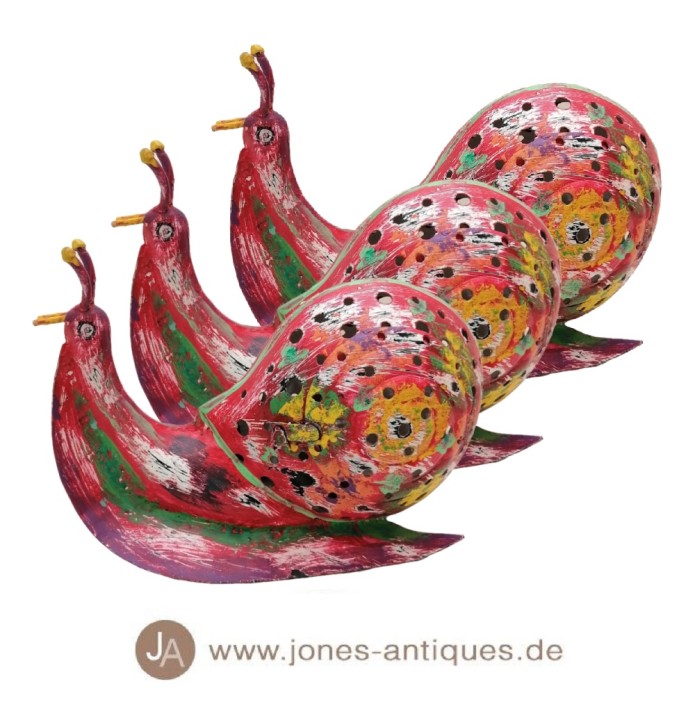 Set of 3 - Windlight in the shape of a snail made of iron in the size S - in color spanish sunset