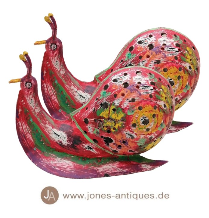 Set of 2 - Windlight in the shape of a snail made of iron in size M - in color spanish sunset