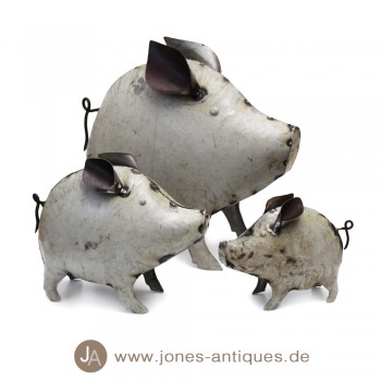 lustige Eisenschweine in drei Größen - antik-graues Antikfinishsh