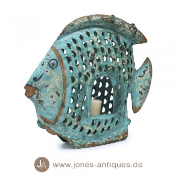 large iron fish lantern, antique-turquoise