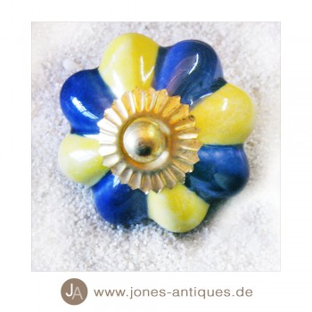 Keramik-Knauf Kürbisform - handgearbeitet - Farbe gelb/blau