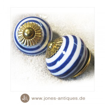 Keramik-Knauf Kugelform "Lolli" - handgearbeitet - Farbe blau/weiß