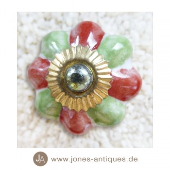 Keramik-Knauf Kürbisform groß - handgearbeitet - Farbe grün/rot/weiß Blumenmuster