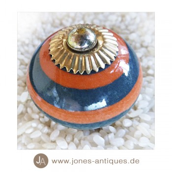 Keramik-Knauf Kugelform groß - handgearbeitet - Farbe orange/gräulich gestreift