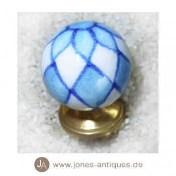 Keramik-Knauf Kugelform groß - handgearbeitet - Farbe blau/weißlich gemuster