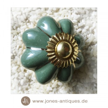 Keramik-Knauf Kürbisform groß - handgearbeitet - Farbe grün/gold