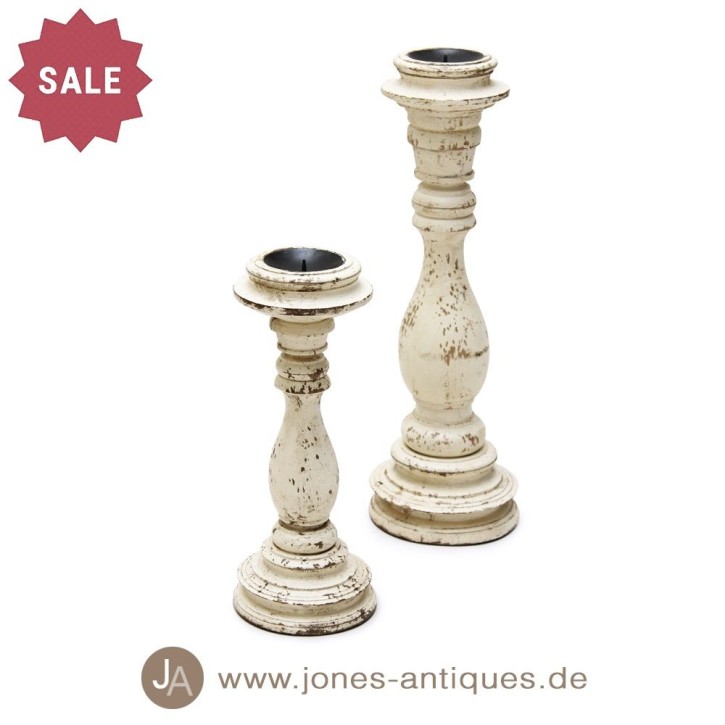 Large candle holder made of wood in a beautiful antique finish in the color white-antique
