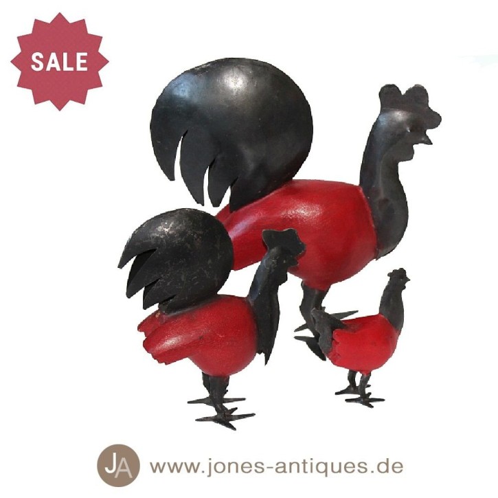 2 roosters and 1 chicken - color red / black - handmade