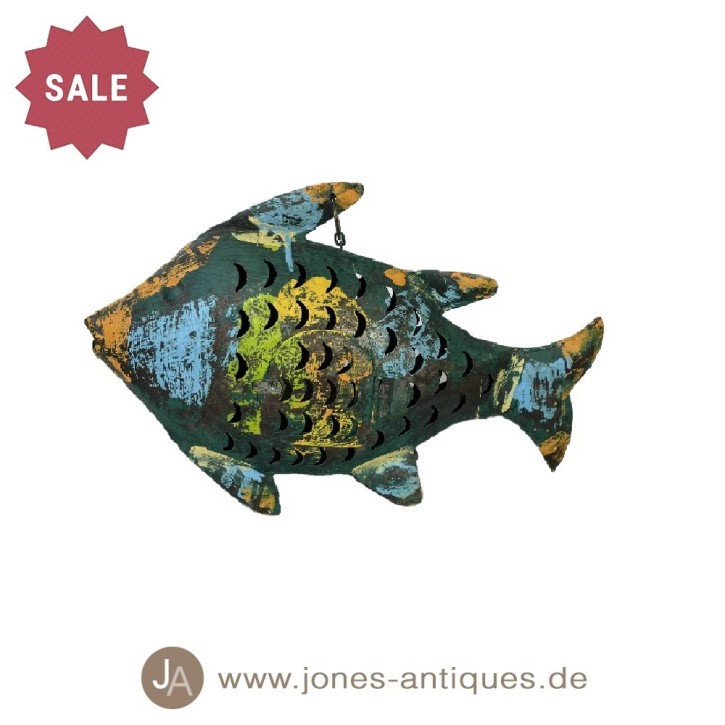 Iron fish lantern in size M in midnight-green - handmade