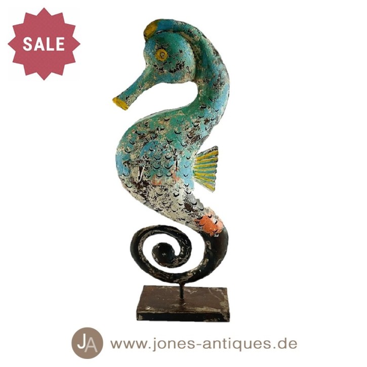 large seahorse on an iron base as a lantern in the color coral reef - handmade