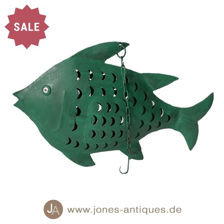 Lanterne poisson en fer de couleur verte en 2 tailles - fabriquée à la main