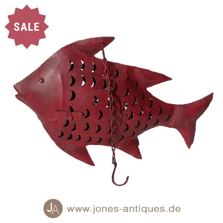 Lanterne poisson en fer de couleur rouge en 2 tailles - fabriquée à la main