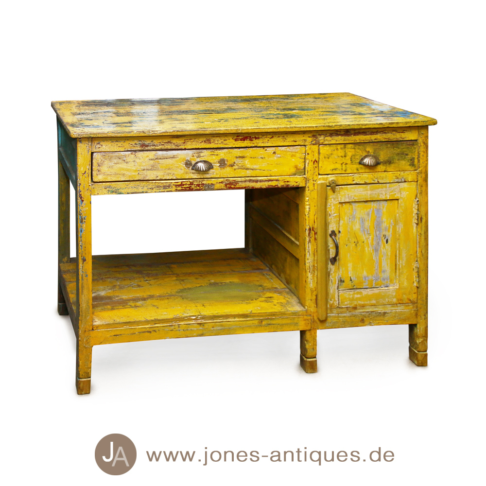 Old Solid Wooden Writing Desk Painted Yellow Unique
